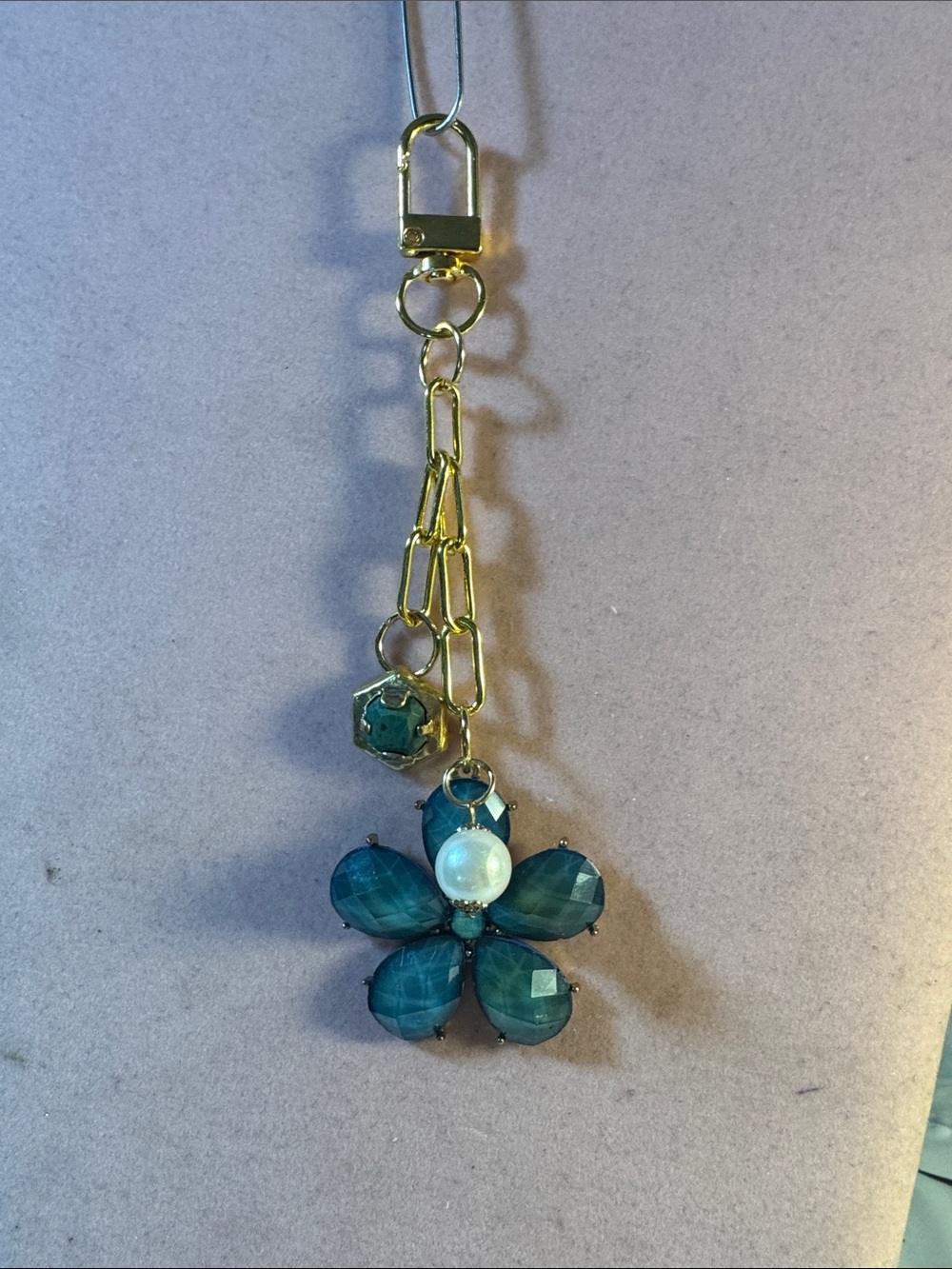 Hand Crafted Gold-Tone Keychain with Teal Flower and Pearl Accent